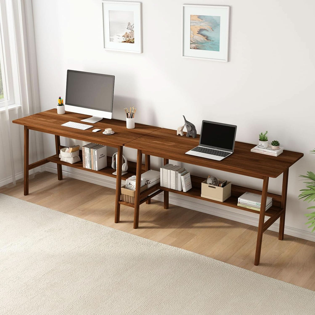 Two Person Desk Walnut 79 Inch Extended Workstation Shelves - HearthHub