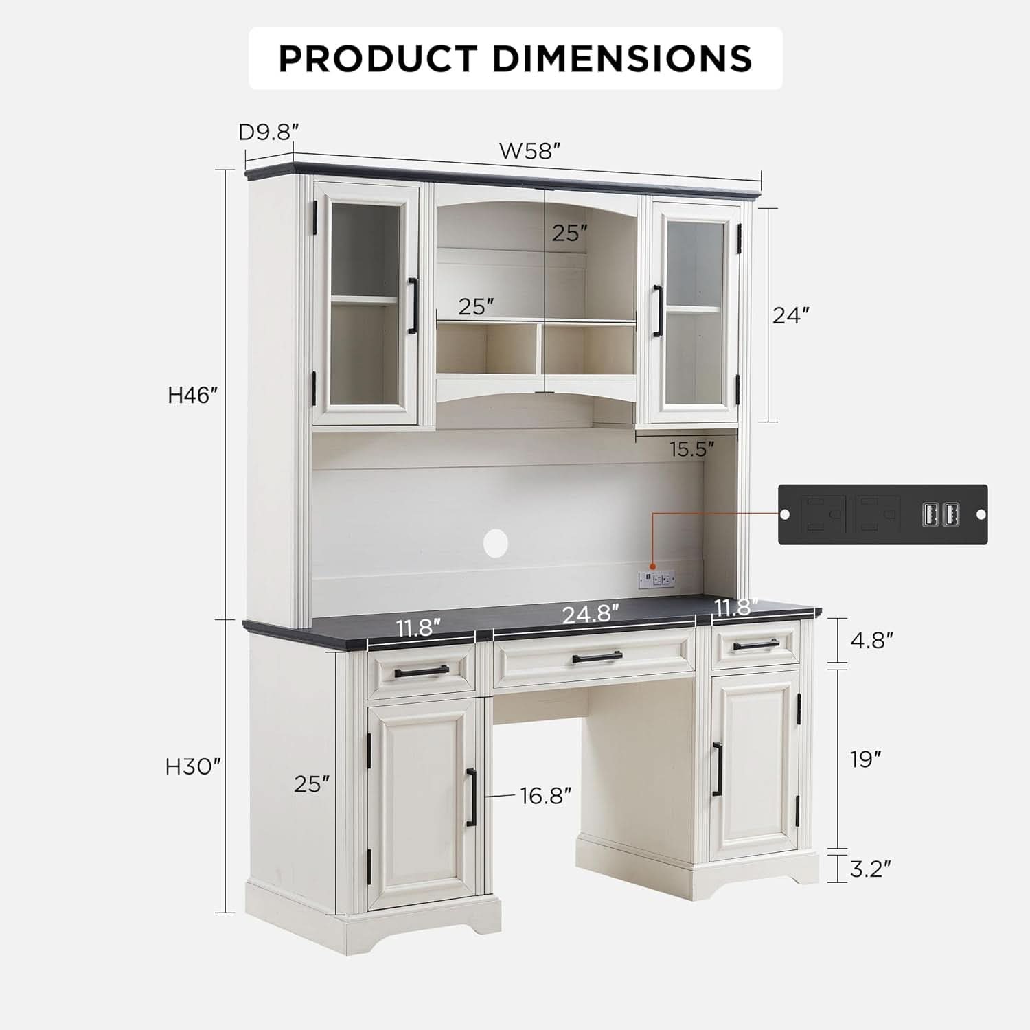 Farmhouse 76 Inch White Industrial Grade Desk Hutch - HearthHub