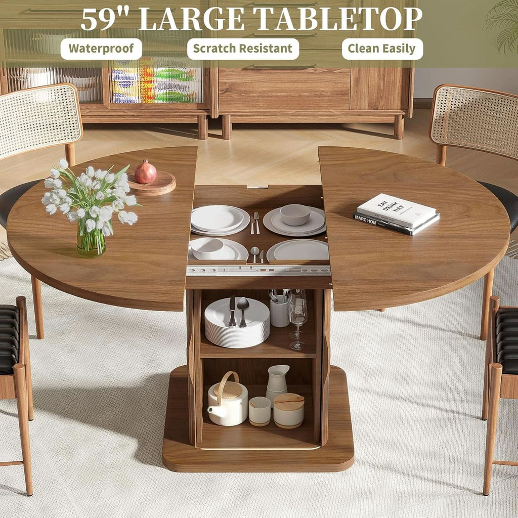 Extendable Round Dining Table 59 Inch Walnut Modern - HearthHub