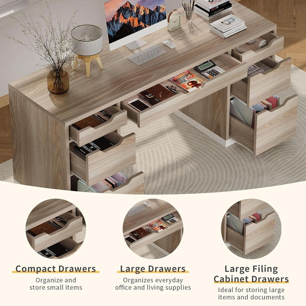 54 Inch Computer Desk With Storage Drawers White Walnut - HearthHub