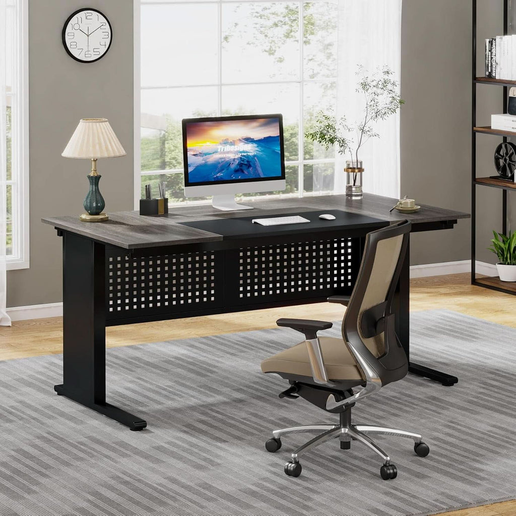 63 Inch Executive Desk With Integrated Cabinet Gray - HearthHub