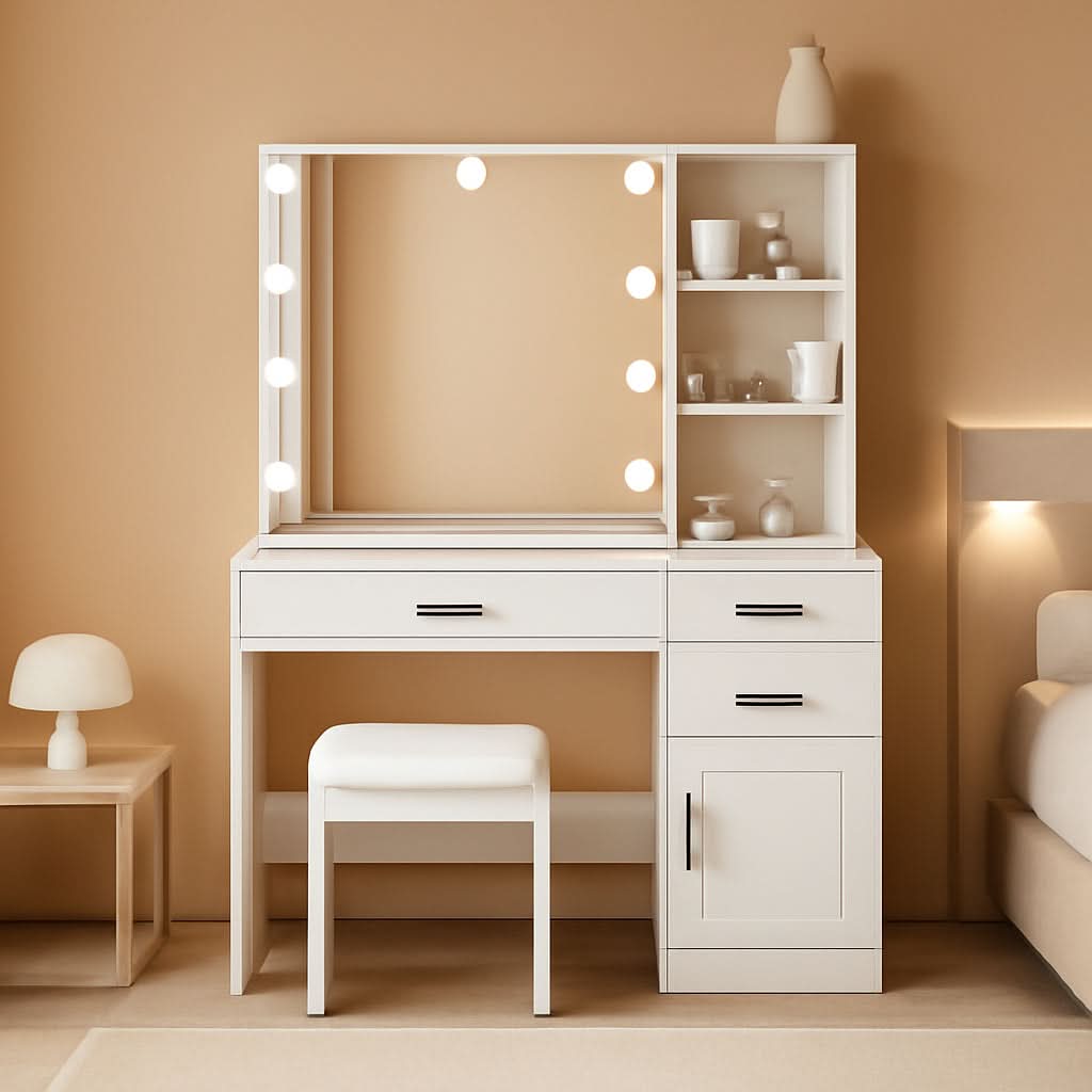 White Luxury Vanity Desk With Lighted Hollywood Mirror - HearthHub