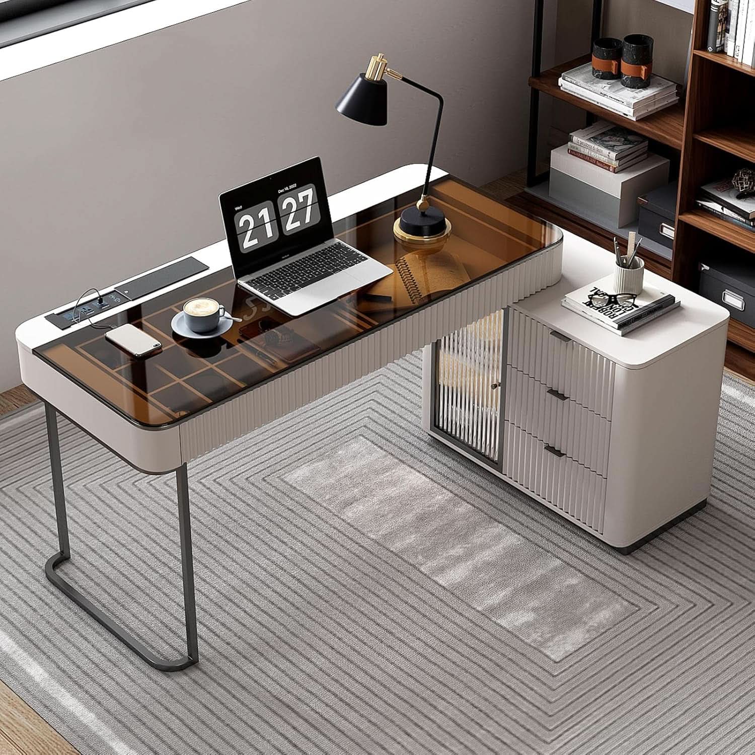 Ivory 50 Inch Office Computer Desk With Cabinet LED lights - HearthHub