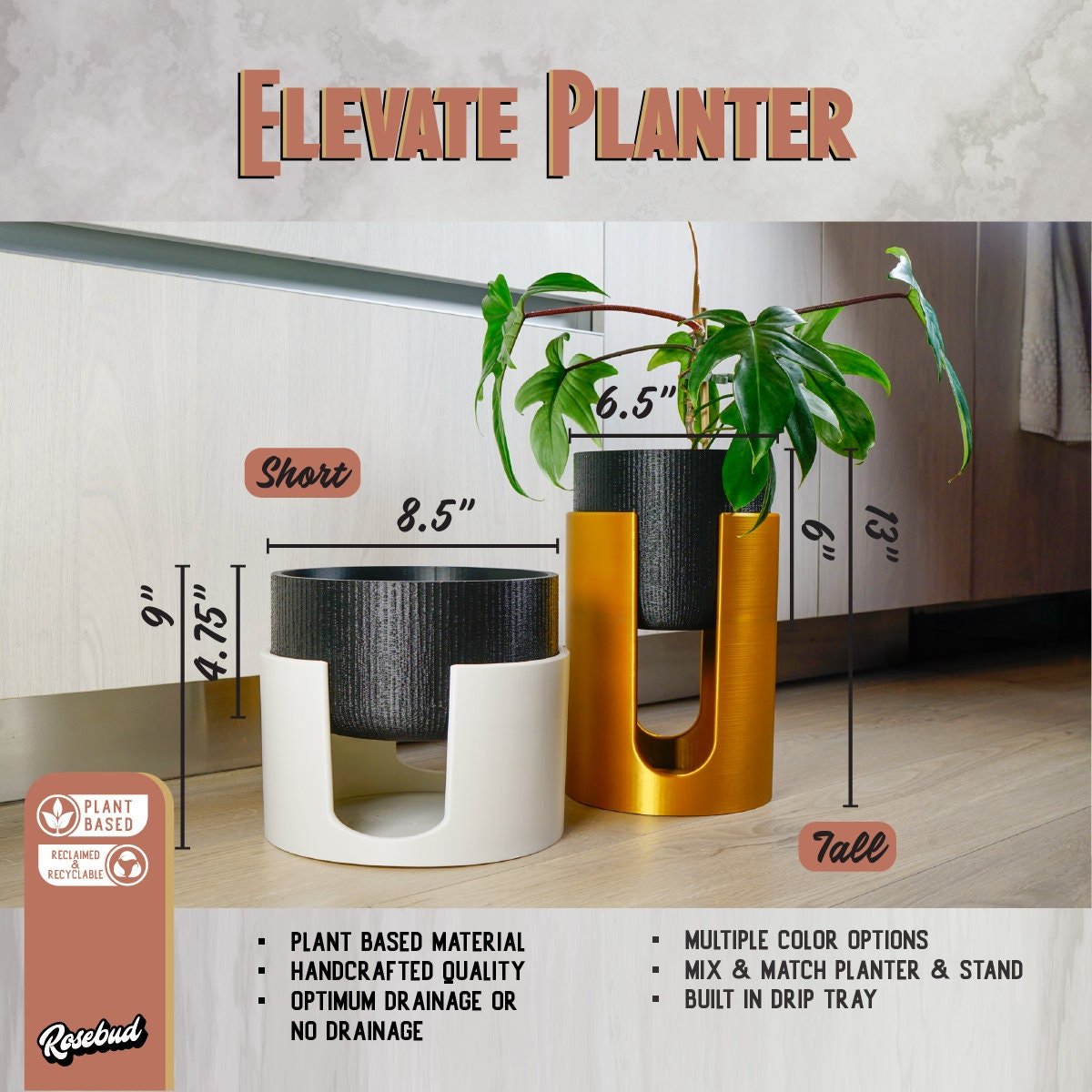 Modern Elevated Planter and Plant Stand Set - 2 - Piece Plant Pot with Drainage in Multi Colors & Sizes, Mid - Century Modern Indoor Plant Stand - HearthHub