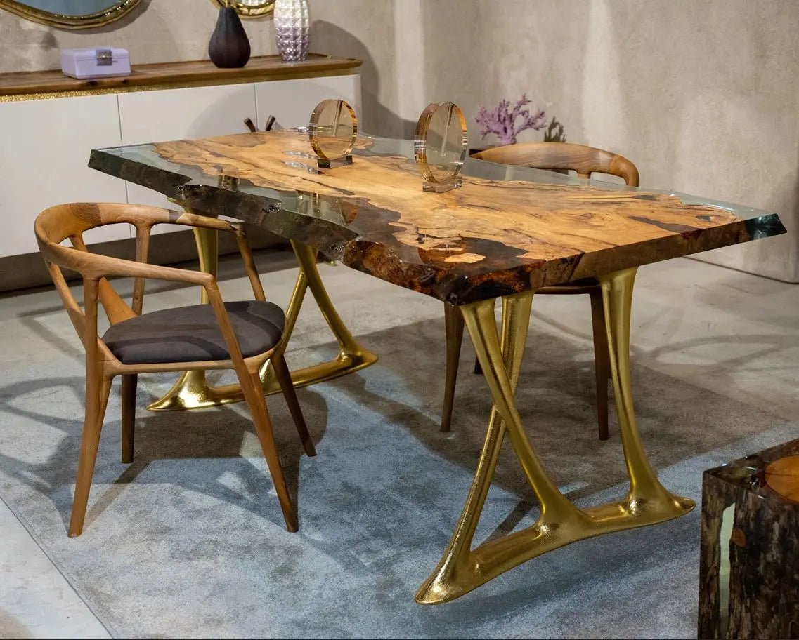 Natural Epoxy Side Dining Table Made Of Linden Wood | Aluminum Legs Featured - HearthHub