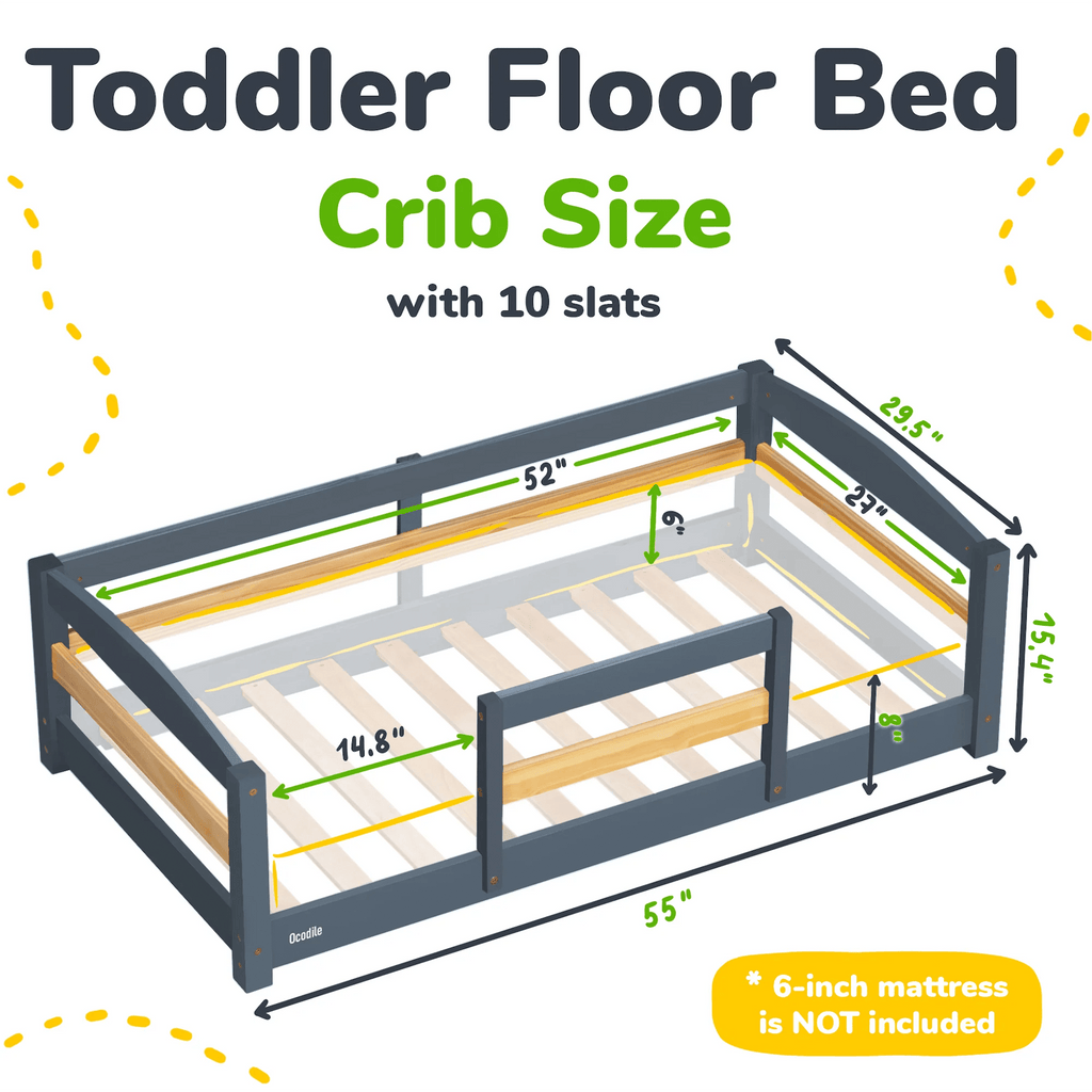 Crib Size Wooden Floor Bed Frame with Rails for Toddlers Age 1–3 - HearthHub