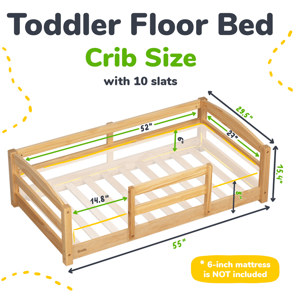 Crib Size Wooden Floor Bed Frame with Rails for Toddlers Age 1–3 - HearthHub