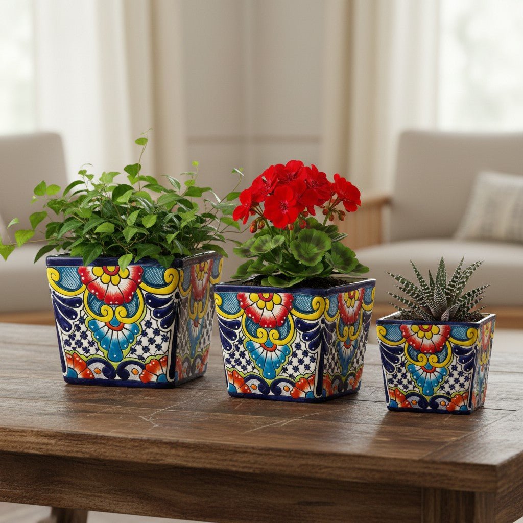 Set of 3 Hand - Painted Talavera Square Planters Set | Floral Pots - HearthHub