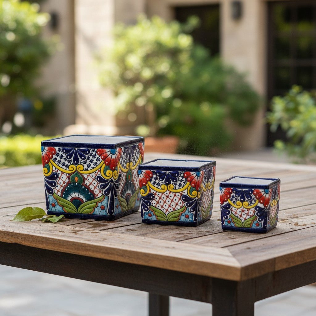 Set of 3 Hand - Painted Talavera Square Planters Set | Floral Pots - HearthHub